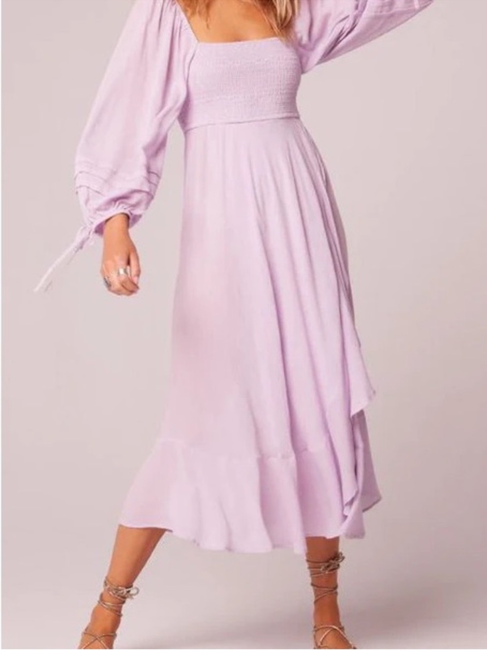 Smocked Bodice Puff Sleeve Midi Dress - Lavender